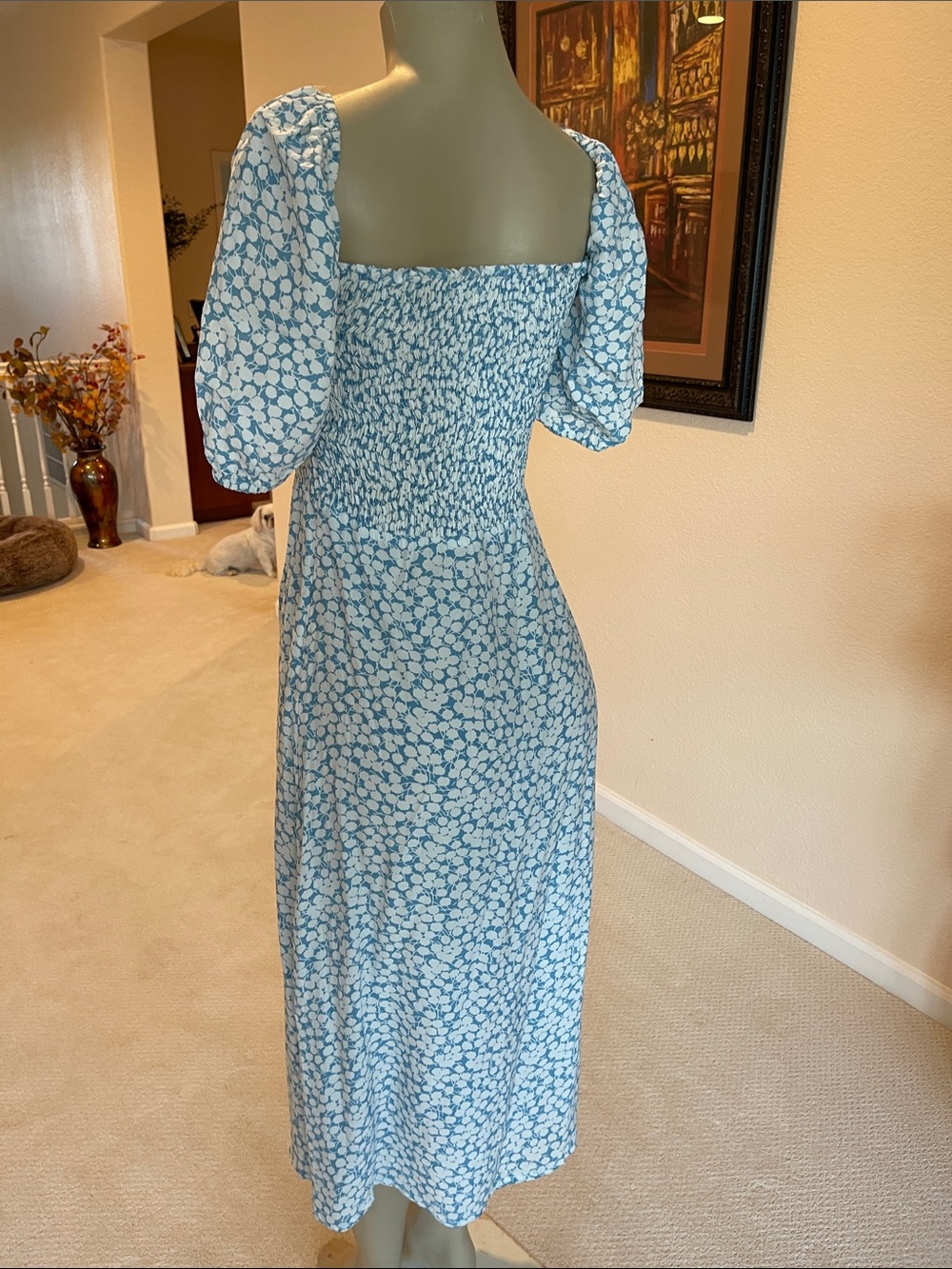 Faithfull the Brand Blue and Cream Floral Smocked Midi Dress - Picture 3 of 7